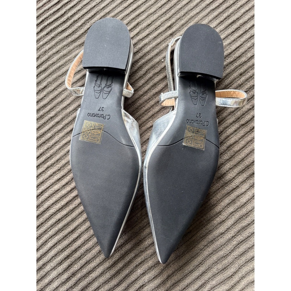 NWOT C.Paravano Silver Metallic Pointed Toe Slingback Mary Jane Flats Chic S6.5 - Picture 5 of 10